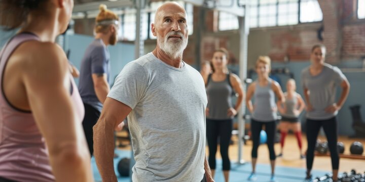 A photo of a middle-aged man demonstrating a workout routine to a class in a gym