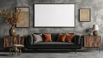 Blank White Wall Above Retro Sofa in Vintage Living Room with Earthy Tones