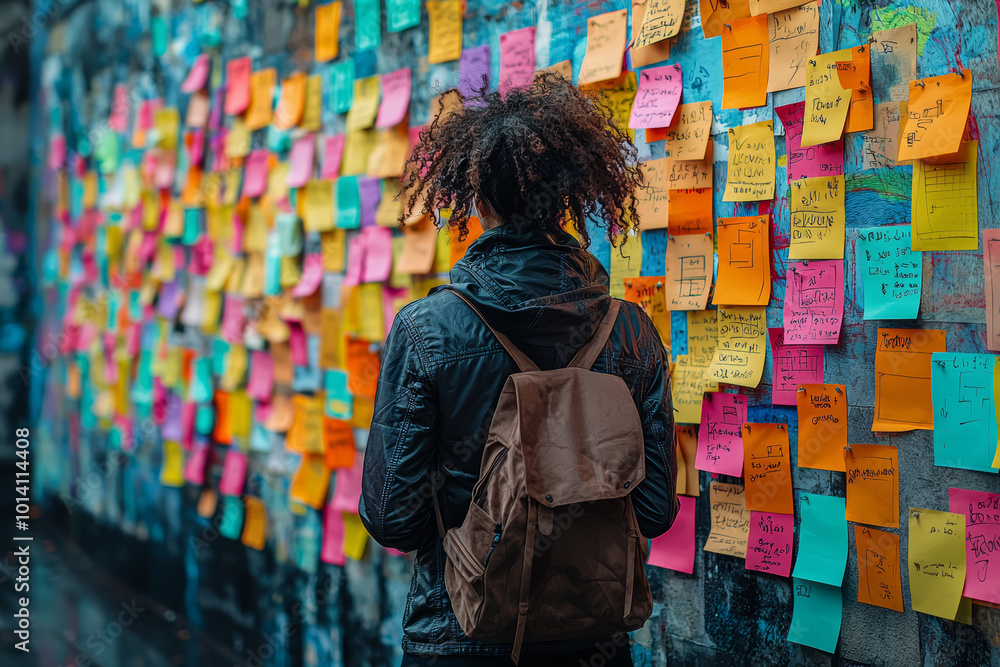 Poster a person brainstorming with colorful sticky notes on a wall, representing ideas floating around. con