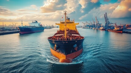 Fototapeta premium Cargo ship leaves port. This image showcases the journey of cargo ships, representing global trade and transportation.