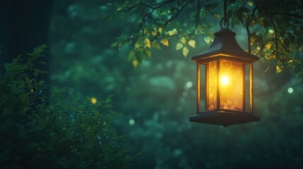 Rustic lantern glowing at night in tranquil forest. moonlight filters through trees. mysterious, serene atmosphere.