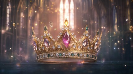 Luxurious gold crown with jewels before blurred gothic cathedral. crystal and glass light leaks. mystical, regal effect.