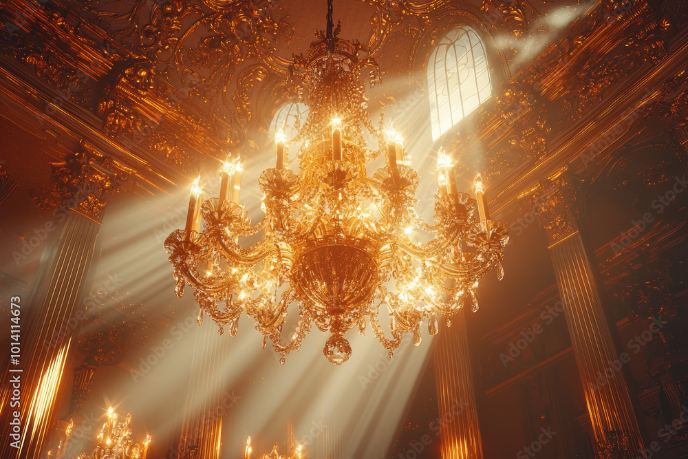 Poster a mirror reflecting sunlight onto a ceiling, creating a dazzling array of moving light patterns. con