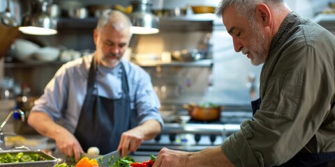 A middle-aged man learning to chop vegetables in a professional kitchen