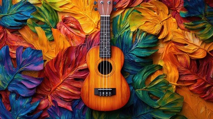 Ukulele on colorful leaves background. This image represents the concept of music and nature, perfect for projects related to relaxation, travel, or summer.