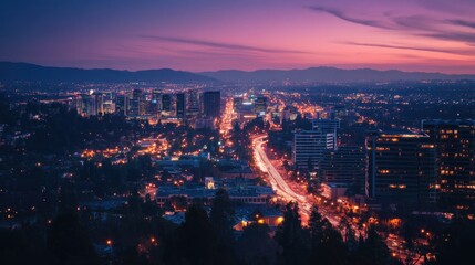 Obraz premium Cityscape at Dusk with a Purple Sky