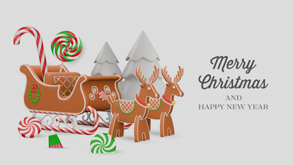 christmas banner with gingerbread sleigh and reindeers. christmas background with 3d gingerbread cookies and candies