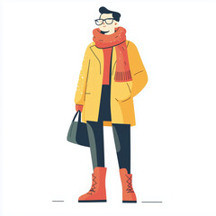 Flat illustration of woman in winter coat and hat.
