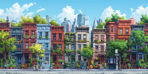 Fototapeta premium Pixel art side view of an urban or suburban street on a sunny day. retro-style artwork. vibrant atmosphere. bright, bustling environment. creative design project. cover banner. Generative Ai content