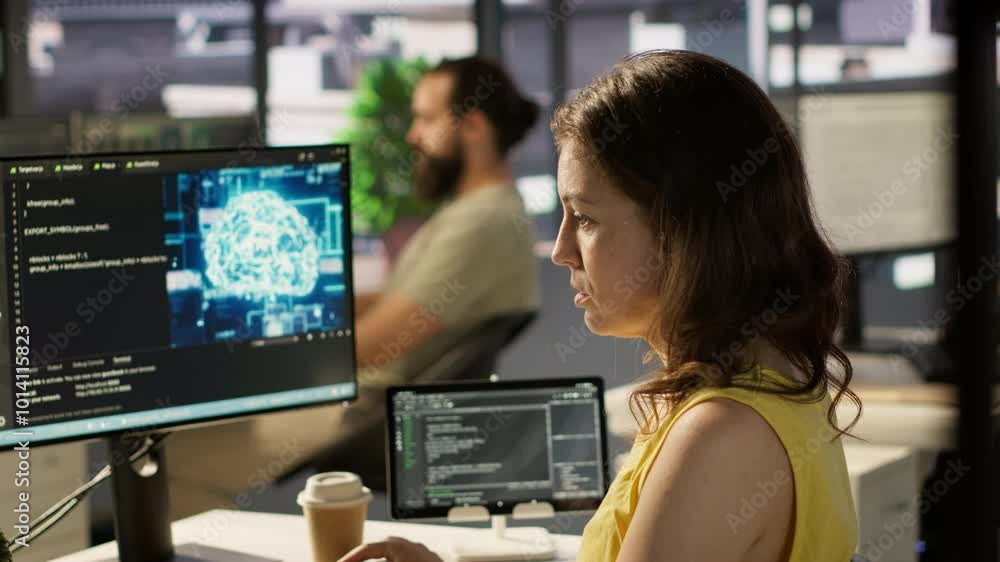 Aufkleber system administrator at work doing debugging of ai software using pc, checking glitches in lines of 