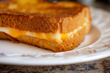 A hot grilled cheese on a white plate made at home with basic loaf bread and cojack cheese.