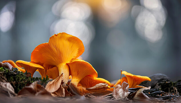 Grzyby leśne jadalne, rude rydze. Jesienne leśne tło