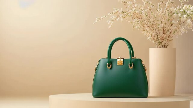 A stylish green handbag elegantly placed on a minimalist pedestal against a warm background with a decorative vase