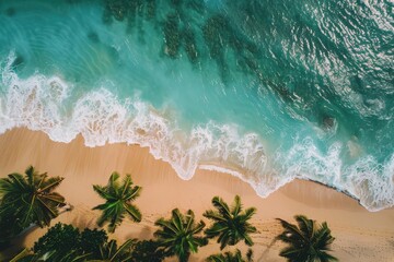 A beautiful blue ocean with palm trees in the background, generative ai image