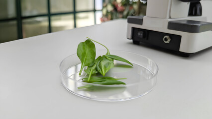 green spinach leaves in a glass laboratory container on the table next to the microscope