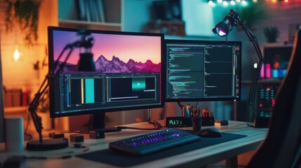 Modern Desk Setup with Dual Monitors for Video Editing and Coding