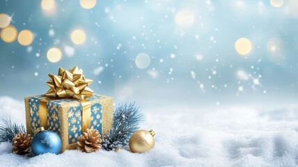 In winter, Christmas background with blue and gold colors, a golden gift box, and decorations on snow with bokeh lights. 
