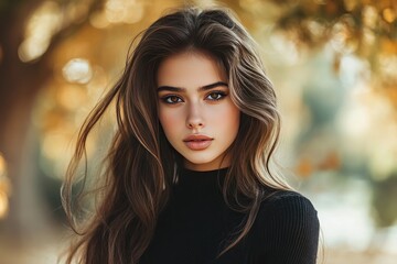 Fototapeta premium A close-up portrait of a woman with long brown hair. This photo is perfect for representing beauty, fashion, or femininity in your designs.