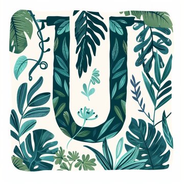 floral letter u, teal leaves, white background clip art preview