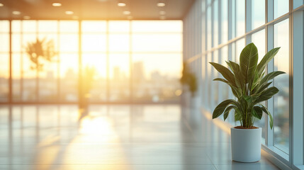 Fototapeta premium Bright Hallway With Potted Plant And Glass Windows Spacious Modern Office Interior