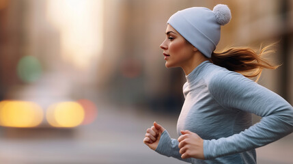 woman in gray athletic outfit and white beanie runs through urban setting, with blurred city lights...