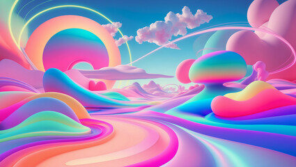 Generate a surreal scene with vibrant neon and pastel colors, featuring dreamlike landscapes with flowing gradients and glowing, ethereal shapes. The background should have a psychedelic feel, incorpo