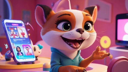 Create an image of a cute, expressive animated animal character, with exaggerated facial features and a vibrant color palette. The character should be in a whimsical, playful setting, perhaps interact