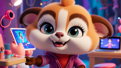 Create an image of a cute, expressive animated animal character, with exaggerated facial features and a vibrant color palette. The character should be in a whimsical, playful setting, perhaps interact