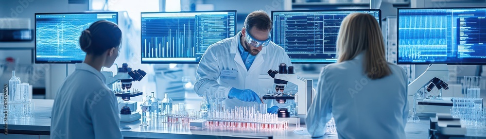 Aufkleber scientists collaborating in a modern laboratory, analyzing samples with advanced technology and equi