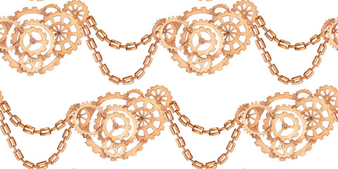 Gears and chains pattern, metal composition in steampunk style, nuts, watercolor illustration. Mechanical souvenir in techno style. Ideal for cards, covers, posters, packaging, advertising.