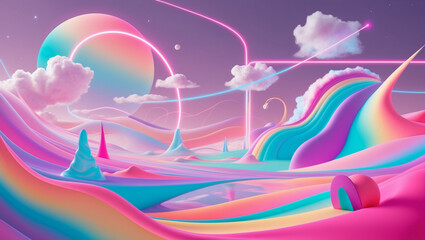 Generate a surreal scene with vibrant neon and pastel colors, featuring dreamlike landscapes with flowing gradients and glowing, ethereal shapes. The background should have a psychedelic feel, incorpo