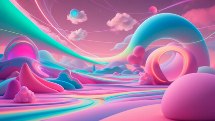 Generate a surreal scene with vibrant neon and pastel colors, featuring dreamlike landscapes with flowing gradients and glowing, ethereal shapes. The background should have a psychedelic feel, incorpo
