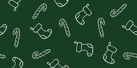 Seamless pattern with Christmas stockings and candy canes outlines on green, doodle style vector