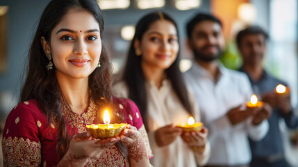 Corporate diwali celebration female employee holding diya with colleagues
