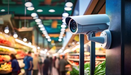 A surveillance camera hanging in a bustling market, monitoring the lively environment to ensure security and safety amidst the vibrant stalls, shopping, vendors, and shoppers.