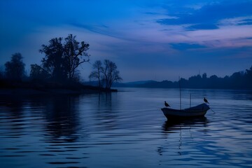 Obraz premium Tranquil Twilight, Silhouetted Trees, and Gentle Ripples in a Serene Boat Scene.