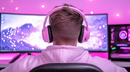 Professional gamer hosting interactive gaming workshop with high-tech setup