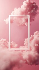Pink clouds with a white rectangular frame in the sky, surreal and dreamy landscape concept