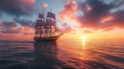 Fototapeta premium Tranquil sunset voyage of a ship sailing toward the horizon