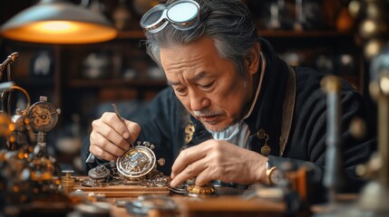 Skilled watchmaker focused on repairing a vintage timepiece in workshop setting