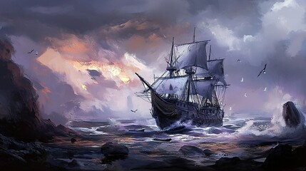 Obraz premium Dramatic Seascape with Sailing Ship at Sunset