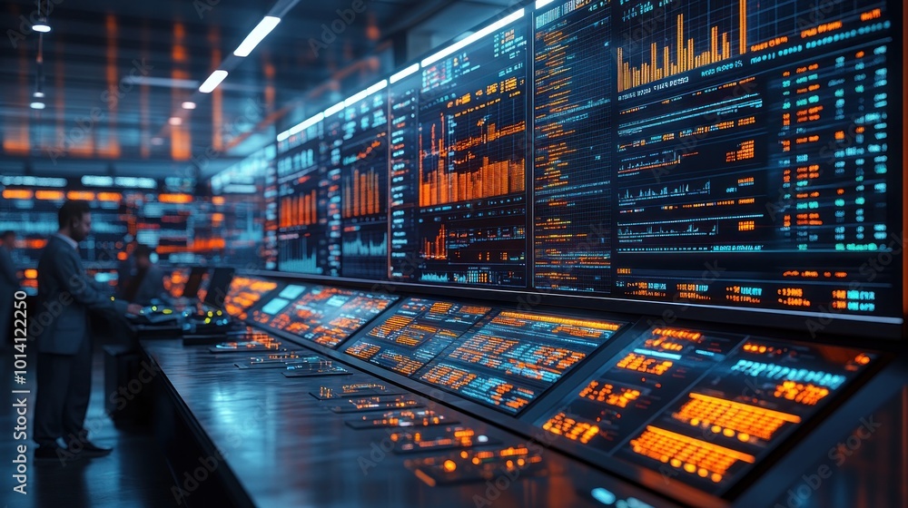 Poster modern control room with data displays and analytics tools.