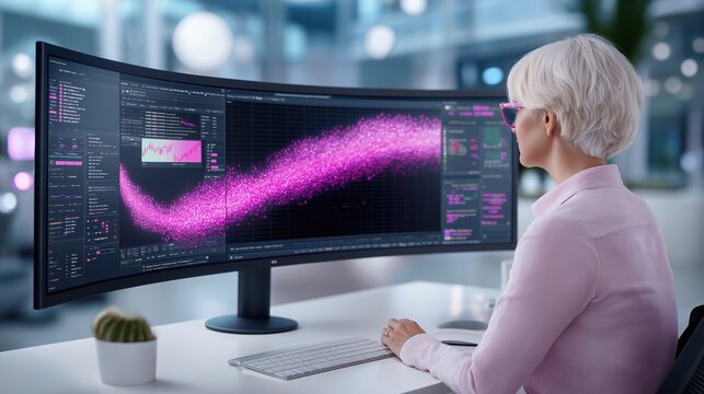 Financial analyst reviewing diverse portfolio on curved monitor in modern office - Powered by Adobe