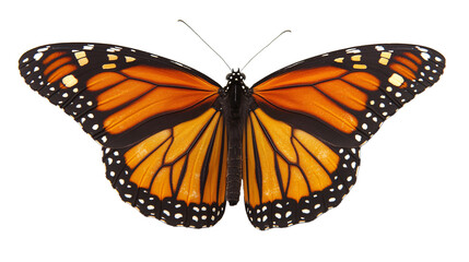 A monarch butterfly with orange and black wings with white spots, isolated on a black background. Generative ai