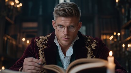 Victorian era doctor in lavish candlelit study surrounded by books and antique decor