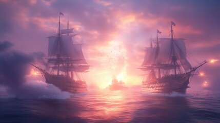 Fototapeta premium Epic naval battle at sunset with large historic ships engaged in combat