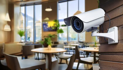 A surveillance camera hanging discreetly in a modern cafe, positioned to capture the vibrant atmosphere and activity while ensuring safety and security in the stylish, contemporary setting
