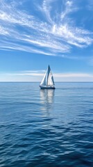 Obraz premium Serene Sailboat on Expansive Waters, tranquil scene featuring open water and a distant sailboat, minimalist composition evokes calmness and solitude