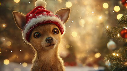 cute dog, Christmas hat, playful expression, warm eyes, soft fur, detailed portrait, blurred Christmas scene, twinkling lights, decorated trees, snowflakes, magical atmosphere, rich colors, warm 