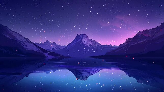 A serene lake nestled by majestic mountains, illuminated under a starry sky on a fantasy night, creating a breathtaking and mystical Seamless looping 4k time-lapse virtual video animation Generated AI